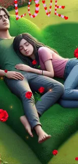 Couple lying on heart-shaped grass, surrounded by roses.