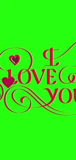 Green and red 'I Love You' design with hearts.