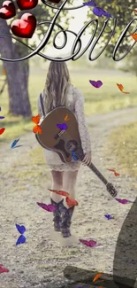 Woman with guitar on path, surrounded by butterflies and love-themed elements.