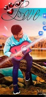 Wallpaper of a man with guitar by a lake, love theme.