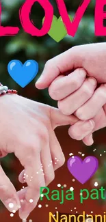 Romantic hand-holding image with colorful heart icons.