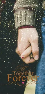 Romantic hand-holding wallpaper with snowfall effect and denim jeans.