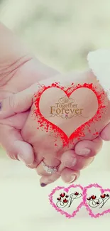 Romantic couple holding hands with heart design and 'Together Forever' message.