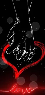 Romantic hands holding with red heart design for mobile wallpaper.