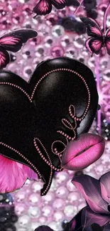 Black heart with pink butterflies and flowers.