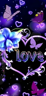 Romantic wallpaper with purple butterflies, heart, and flower.