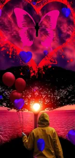 A romantic scene with a heart and balloons at sunset.