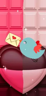 Cute bird delivering a love letter on a heart background wallpaper.