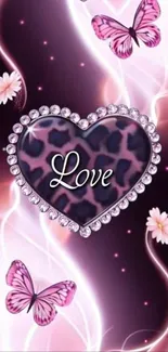 Heart-shaped jewel wallpaper with pink butterflies.