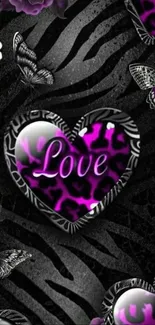 Romantic black and purple heart and butterfly wallpaper.