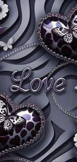 Romantic wallpaper with hearts and butterflies.