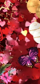 Colorful wallpaper with hearts, butterfly, and flowers on a red background.