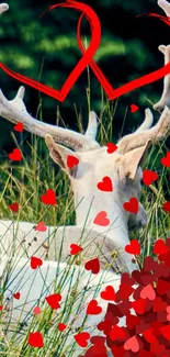 Majestic deer amidst red hearts on a natural green background.