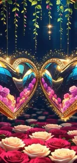 Romantic wallpaper with golden hearts and floral design.