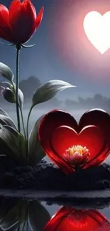 Romantic heart with glowing flower art on mobile wallpaper.