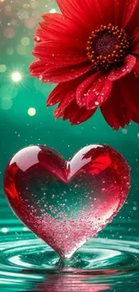 Red heart and flower on teal background with bokeh.