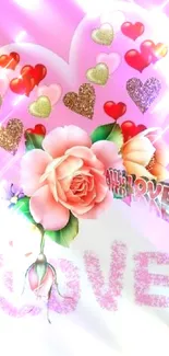 Romantic pink hearts with vibrant flowers wallpaper.