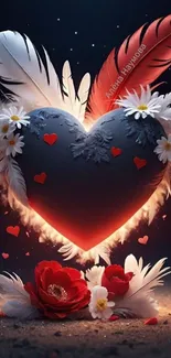 Romantic heart with glowing feathers and flowers in a vibrant display.