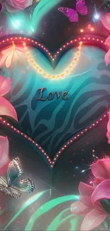 Heart-shaped design with flowers and butterflies on vibrant wallpaper.
