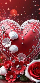 Heart with floral design on red background wallpaper.