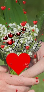 Romantic wallpaper with heart, lilies, and hands.