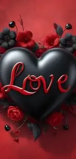 Black heart with 'Love' surrounded by red flowers.