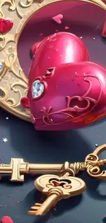 Romantic heart and key illustration with gold crescent.