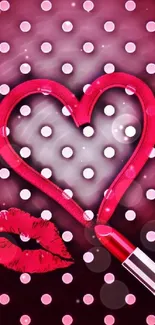 Pink heart and lips on polka dot background.