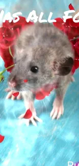 Mouse with red flower hearts on blue background.