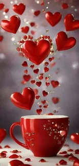 Red hearts floating above a matching red mug on a wallpaper.