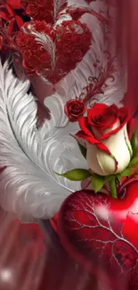 Romantic wallpaper with red heart, rose, and feather design.