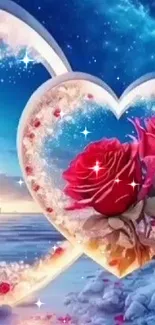 Romantic heart frames with roses against a dawn ocean sky.