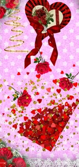 Romantic wallpaper with hearts and roses on a pink background.