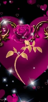 Romantic magenta heart with a rose and golden accents wallpaper.