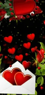 Romantic wallpaper with red hearts and roses on dark background.