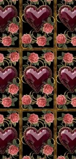 Intricate heart and rose mobile wallpaper design.