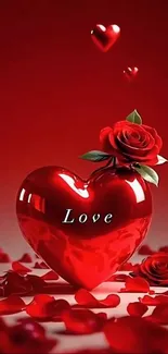 Red heart with rose on romantic background.