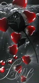 Wallpaper with red hearts, a black rose, and the word 'Love' in elegant script.