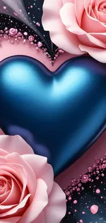 Artistic blue heart with pink roses wallpaper.