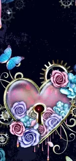 Heart lock wallpaper with roses and gears in steampunk style.