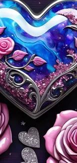 Colorful heart surrounded by artistic pink roses.