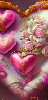 Romantic pink heart and roses wallpaper with gold accents.