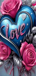 Blue heart with roses artistic wallpaper