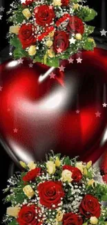 Shiny red heart with rose bouquets on dark background.