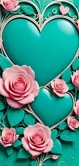 Romantic teal heart with pink roses