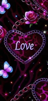 Romantic mobile wallpaper with heart chains, roses, and butterflies.