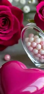 Heart-shaped object with red roses and pink accents.