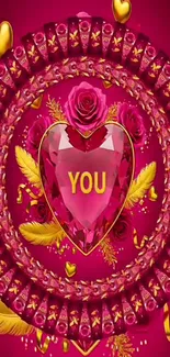 Romantic wallpaper featuring heart and pink roses with gold accents.