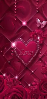 Red vibrant wallpaper with heart and roses.