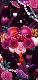 Romantic heart and rose mobile wallpaper with vibrant colors.